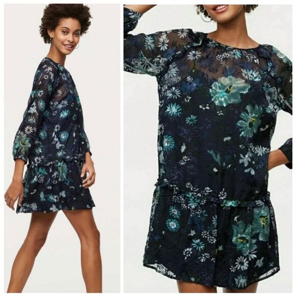 Ann Taylor Loft Navy Blue Winter Garden Floral Flounce  Dress Size S Feminine - Picture 1 of 13